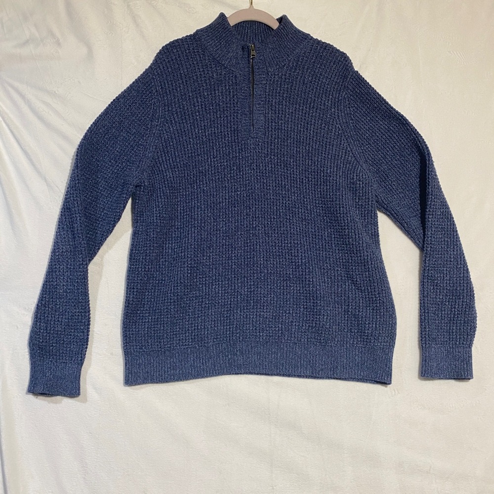 LL Bean Mens Large Blue Organic Cotton Waffle Knit Quarter Zip Sweater 508120